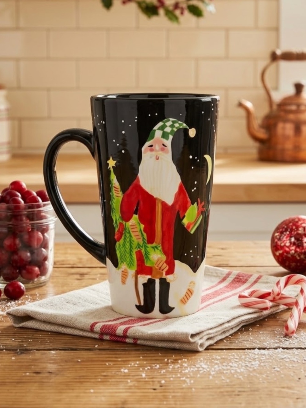 Becca Barton Black Ceramic Christmas Folk Art Santa Mug Certified International